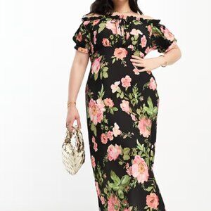 NWT ASOS Curve Square Neck Midi Dress in Rose Floral Size 14